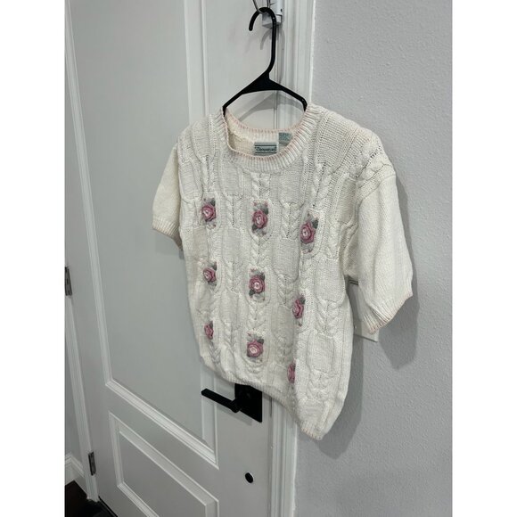 Vintage Shenanigans Floral Embroidered Cable Knit Sweater White Pink Sz Small - Picture 3 of 10